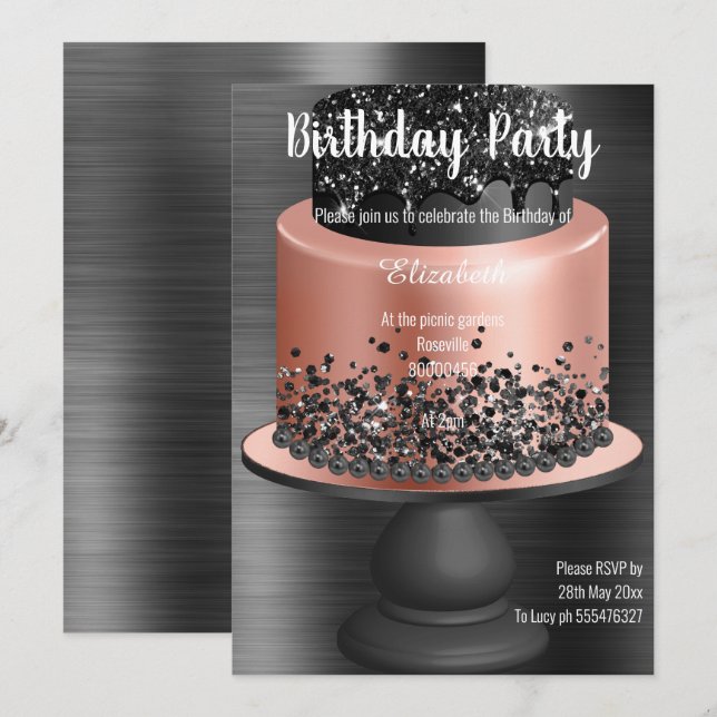 INVITACIÓN DE CUMPLEAÑOS DE CAKE NEGRO-ORO ROSA (Anverso / Reverso)