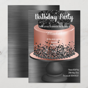 INVITACIÓN DE CUMPLEAÑOS DE CAKE NEGRO-ORO ROSA