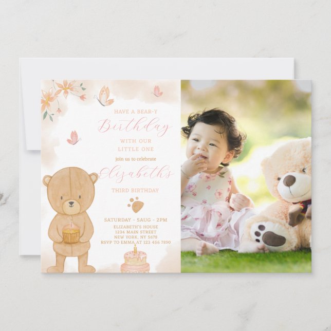 Invitación de cumpleaños de Cake Teddy con foto (Anverso)