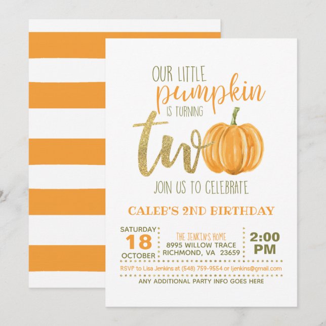 Invitación de cumpleaños de calabaza 2ª - franjas  (Anverso / Reverso)