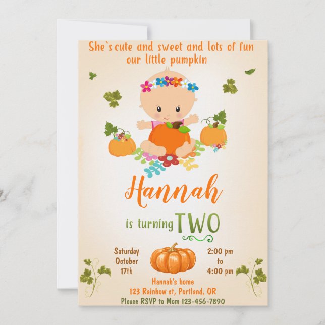 Invitación de cumpleaños de calabaza chica de invi (Anverso)