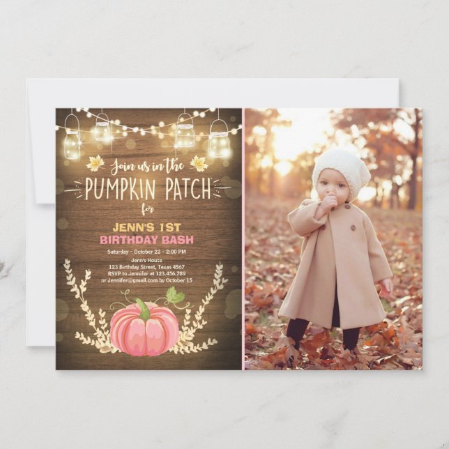 Invitación de cumpleaños de calabaza Chica rosado  (Anverso)