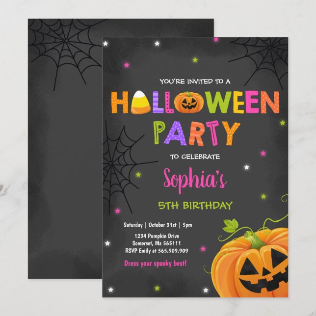 Invitación de cumpleaños de calabaza de Halloween  (Anverso / Reverso)