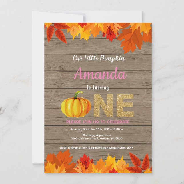 Invitación de cumpleaños de calabaza de niña rústi (Anverso)