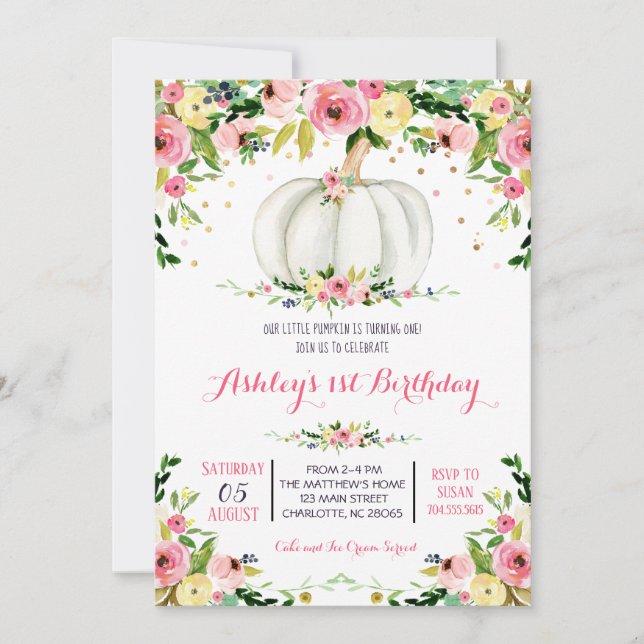 Invitación de cumpleaños de calabaza, invitación d (Anverso)