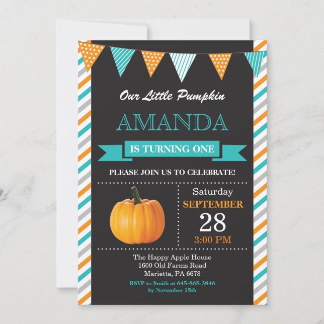 Invitación de cumpleaños de calabaza Naranja Aqua  (Anverso)