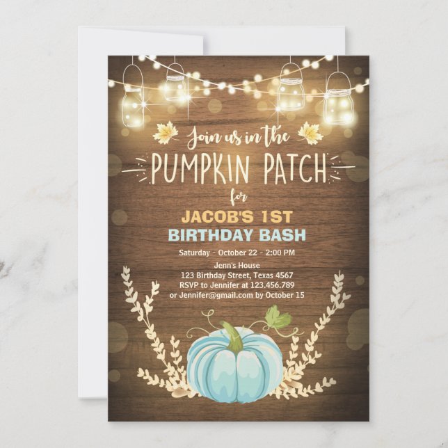Invitación de cumpleaños de calabaza Niño azul Cum (Anverso)