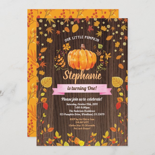 Invitación de cumpleaños de calabaza. Primer cumpl (Anverso / Reverso)