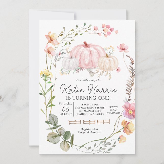 Invitación de cumpleaños de calabaza rosa, (Anverso)