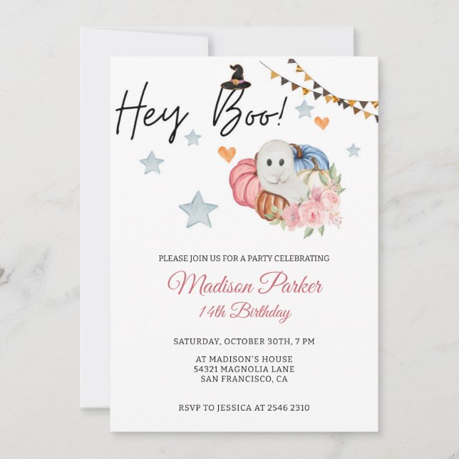 Invitación de cumpleaños de calabaza y fantasma pa (Anverso)