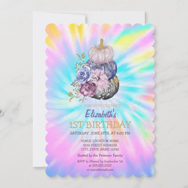 Invitación de cumpleaños de calabazas Tie Dye (Anverso)