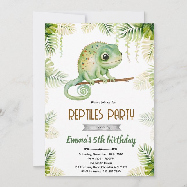 invitación de cumpleaños de camaleón (Anverso)