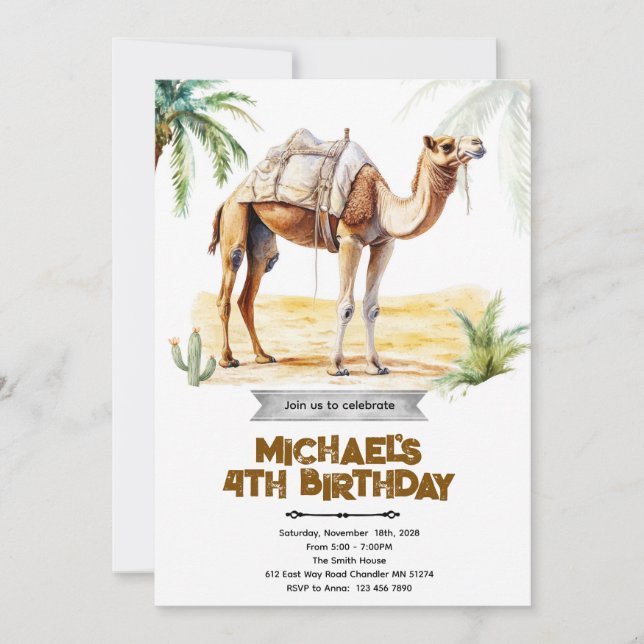 invitación de cumpleaños de camello (Anverso)