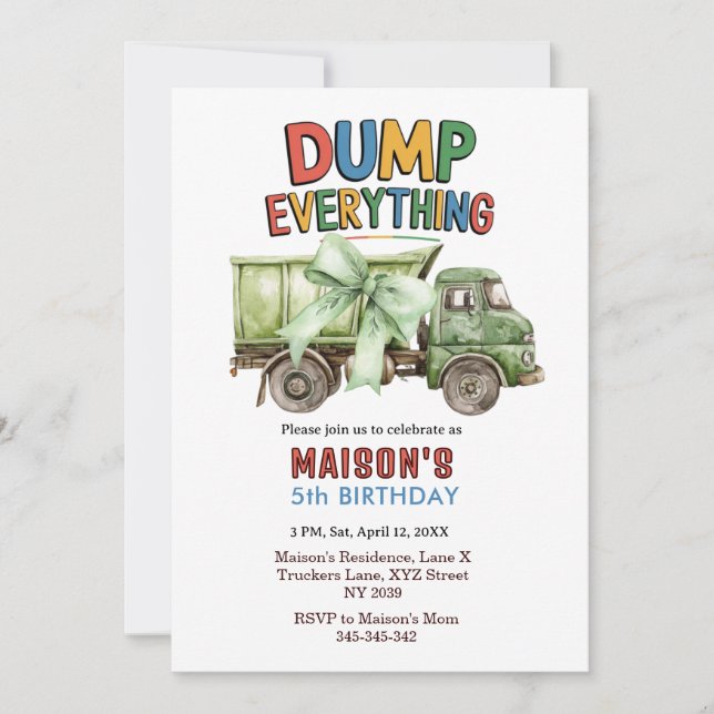 Invitación de cumpleaños de camión de basura Dump  (Anverso)