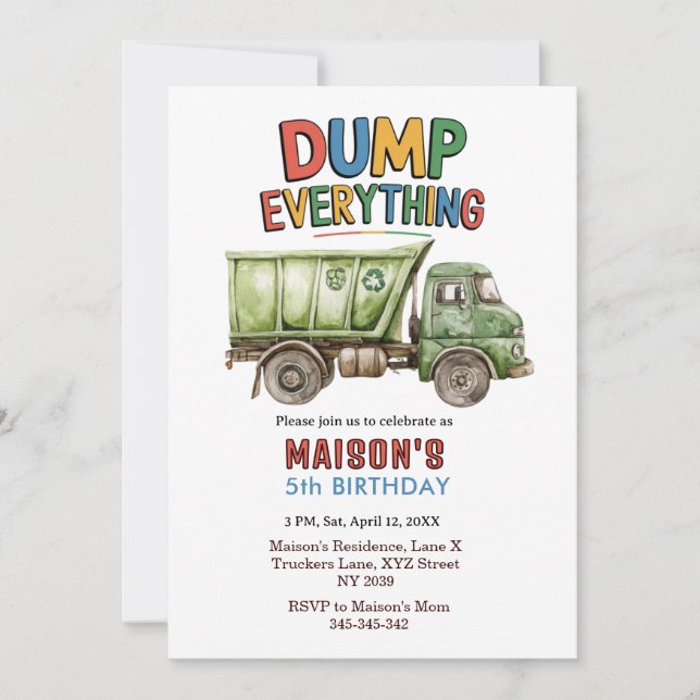 Invitación de cumpleaños de camión de basura Dump  (Anverso)