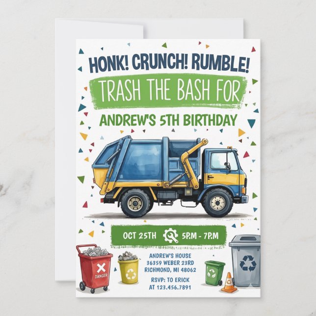Invitación de cumpleaños de camión de basura perso (Anverso)