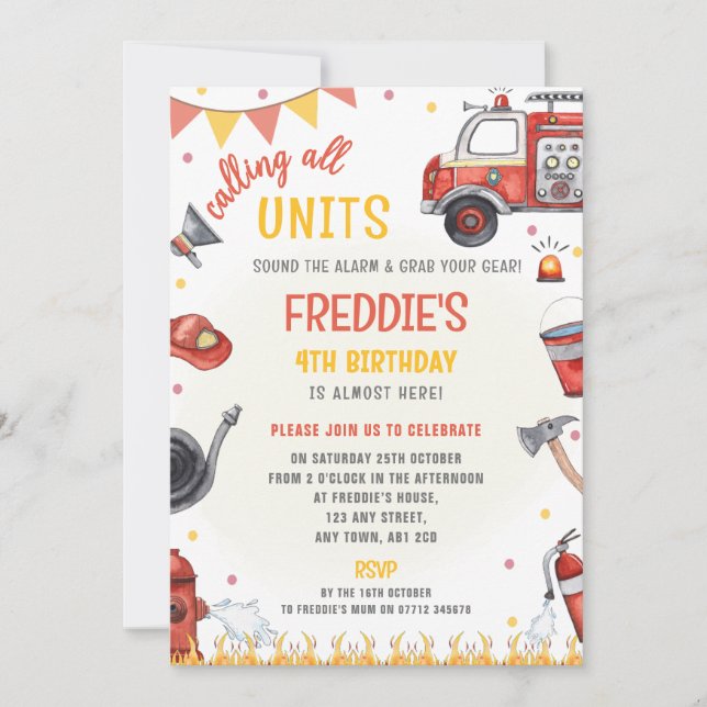 Invitación de cumpleaños de camión de bomberos - ¡ (Anverso)