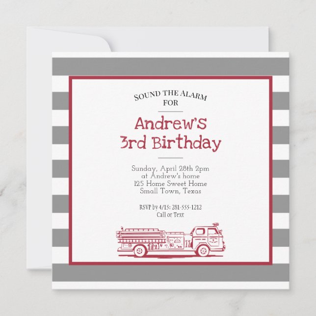 Invitación de cumpleaños de camión de bomberos roj (Anverso)