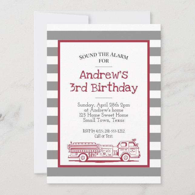 Invitación de cumpleaños de camión de bomberos roj (Anverso)