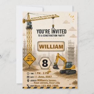 Invitación de cumpleaños de camión de construcción