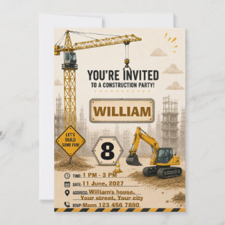 Invitación de cumpleaños de camión de construcción