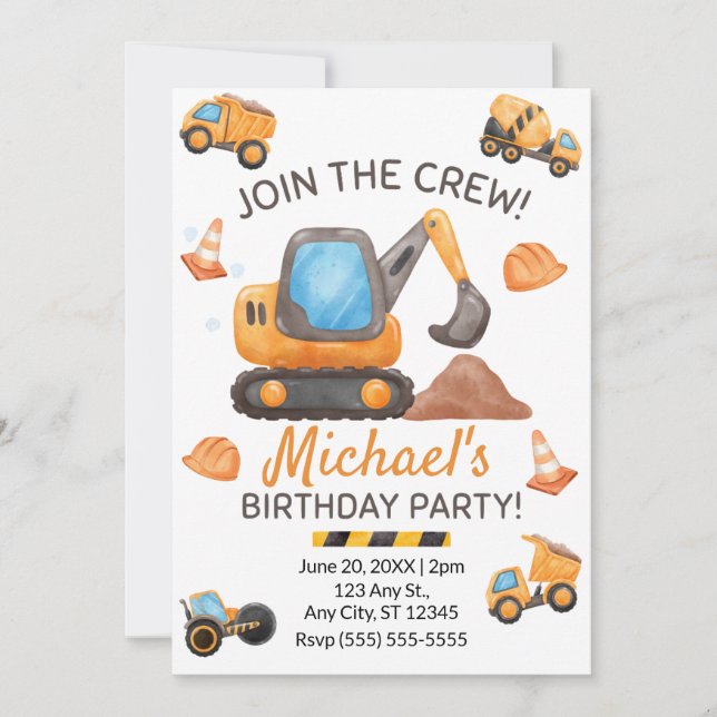 Invitación de Cumpleaños de Camión de Construcción (Anverso)