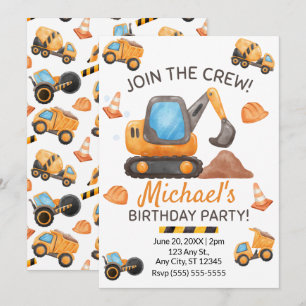 Invitación de Cumpleaños de Camión de Construcción