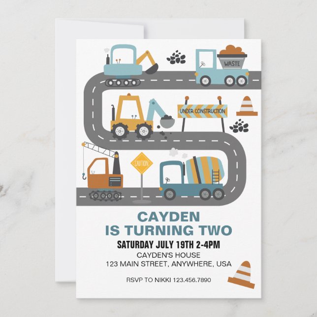 Invitación de cumpleaños de camión de construcción (Anverso)