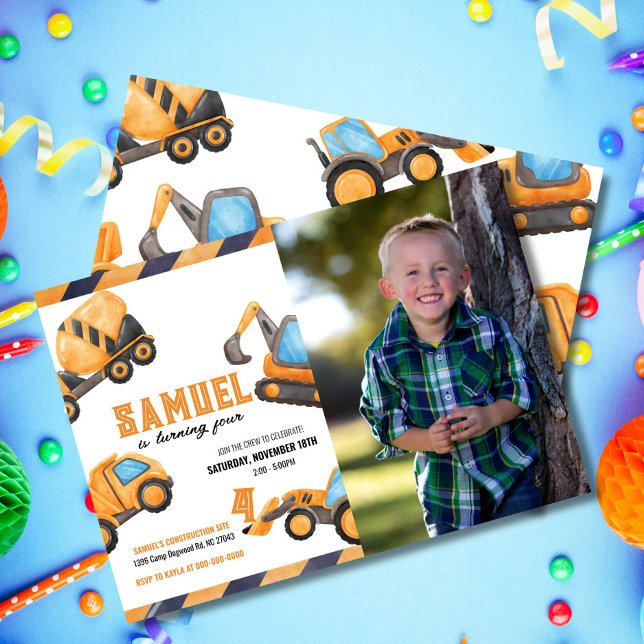 Invitación de cumpleaños de camión de construcción (Editable watercolor construction truck invitation with photo. Personalize for a fun birthday)