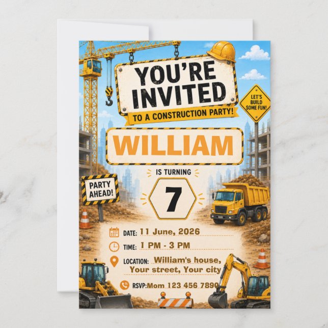 Invitación de cumpleaños de camión de construcción (Anverso)