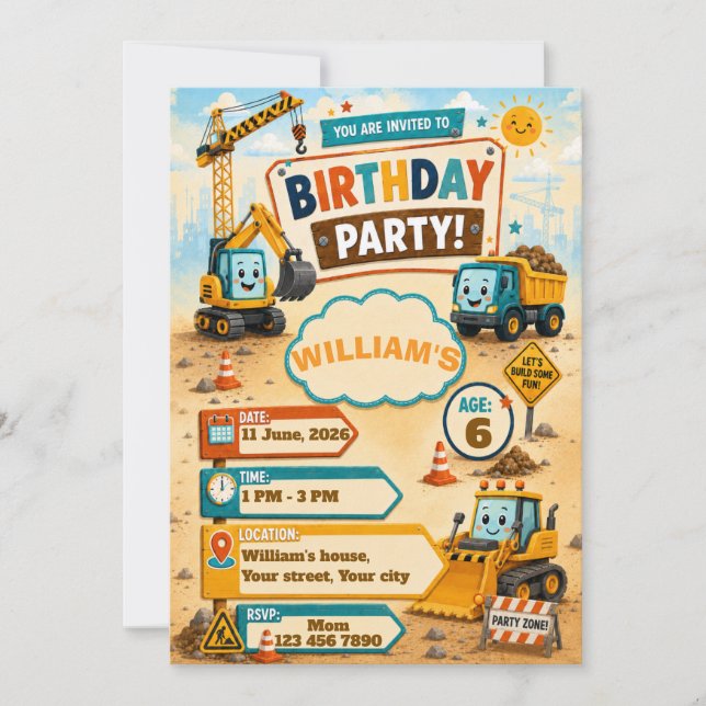 Invitación de cumpleaños de camión de construcción (Anverso)
