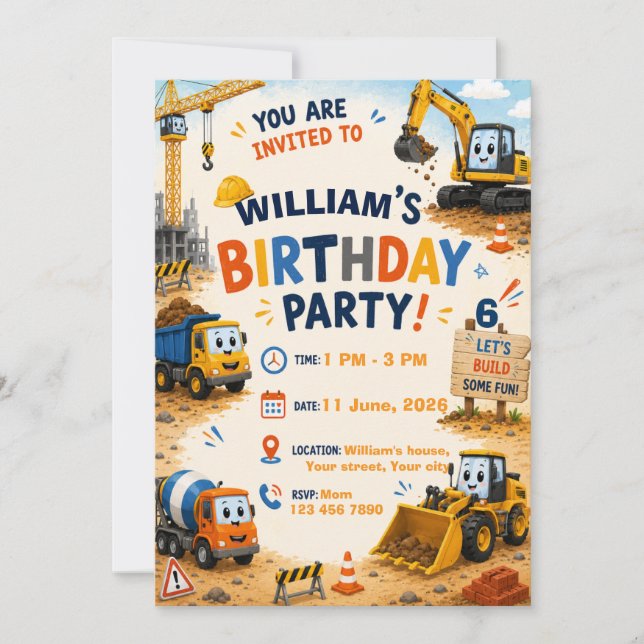 Invitación de cumpleaños de camión de construcción (Anverso)