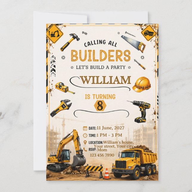 Invitación de cumpleaños de camión de construcción (Anverso)