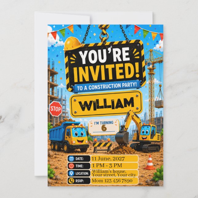 Invitación de cumpleaños de camión de construcción (Anverso)