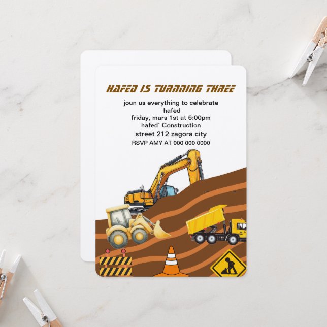 Invitación de cumpleaños de camión de construcción (Anverso/Reverso In Situ)