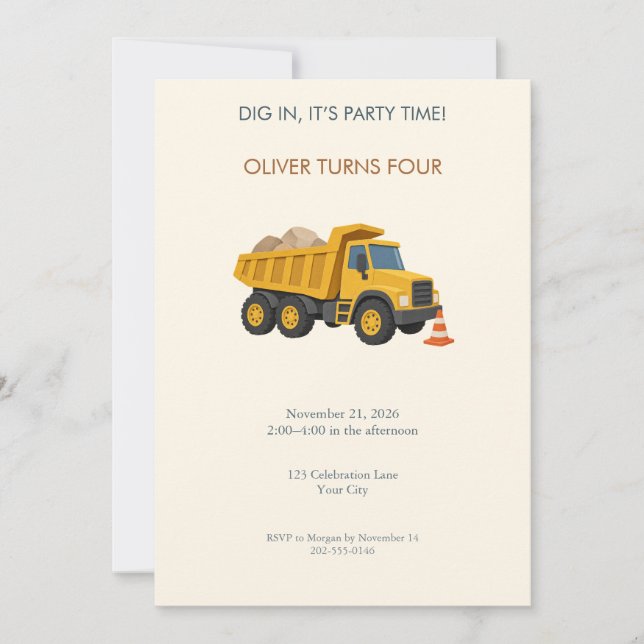 Invitación de cumpleaños de camión de construcción (Anverso)