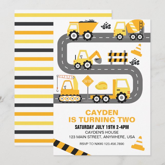 Invitación de cumpleaños de camión de construcción (Anverso / Reverso)