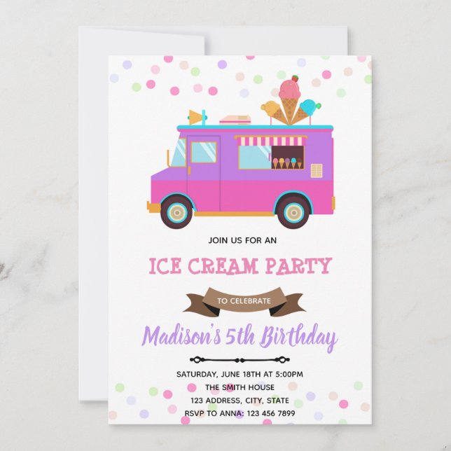 Invitación de cumpleaños de camión de helado lindo (Anverso)