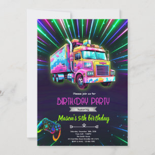 Invitación de cumpleaños de camión de juego de neó