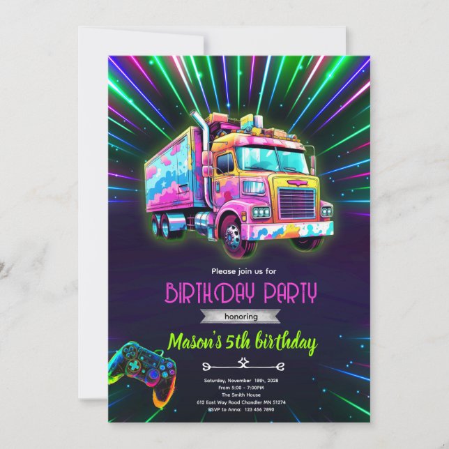 Invitación de cumpleaños de camión de juego de neó (Anverso)