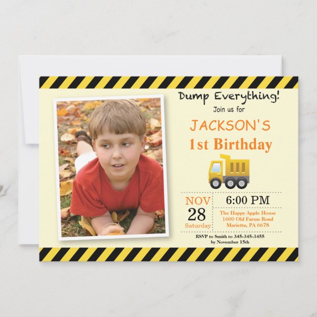 Invitación de cumpleaños de camión de volteo de co (Anverso)