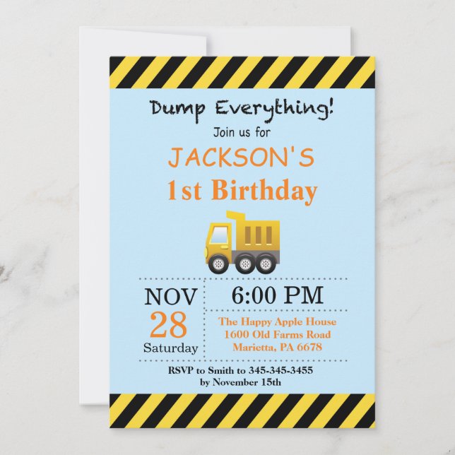 Invitación de cumpleaños de camión de volteo de co (Anverso)