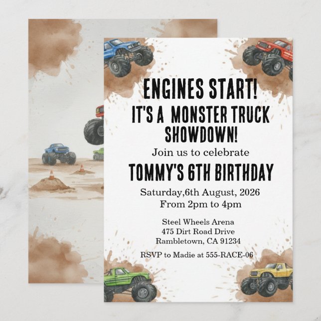 Invitación de cumpleaños de camión monstruo (Anverso / Reverso)