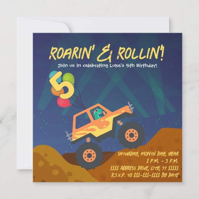 Invitación de cumpleaños de camión monstruo de din (Anverso)