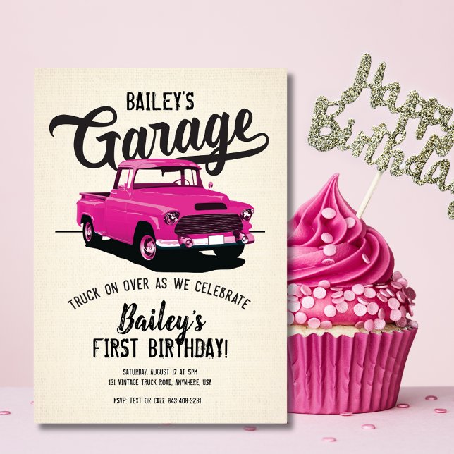 Invitación de cumpleaños de camión vintage rosa li (Cute Pink Vintage Truck Birthday Invitation)