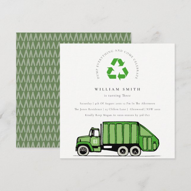 Invitación de cumpleaños de camiones de basura ver (Anverso / Reverso)