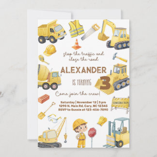 Invitación de cumpleaños de camiones de construcci