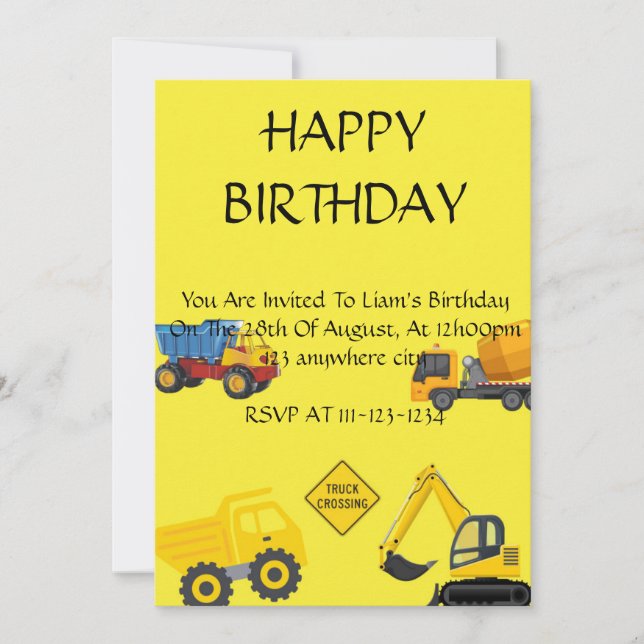 invitación de cumpleaños de camiones para niños, d (Anverso)