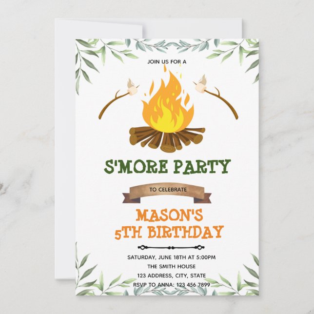 Invitación de cumpleaños de campamento de más malv (Anverso)