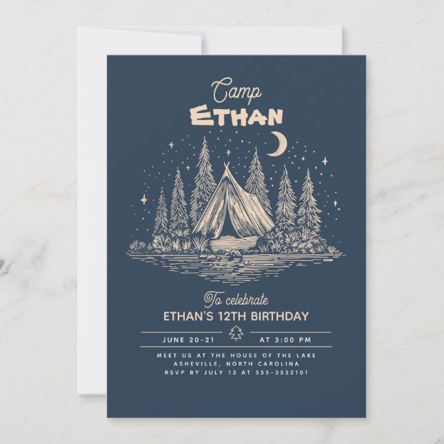 Invitación de cumpleaños de camping (Anverso)